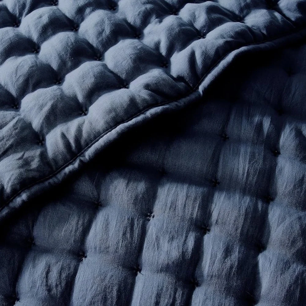 🆕 PB Style King Quilt Set Tufted Classic Navy Blue 3 piece Set